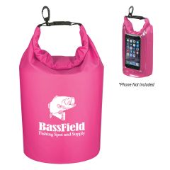 pink dry bag with phone window, roll top closure with clip, and an imprint saying bassfield fishing spot and supply