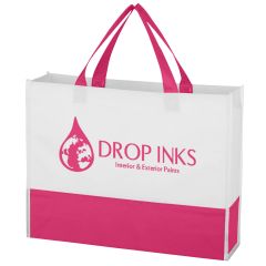 pink and white tote bag with an imprint saying drop inks interior & exterior paints