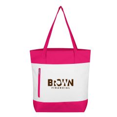 pink and white tote bag with a front zippered pocket and an imprint saying brown financial