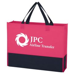 pink non-woven tote bag with a black base and carrying handles and an imprint saying jpc airline transfer