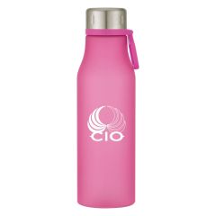 pink rubberized bottle with pink carrying handle attached to silver lid and an imprint saying cio
