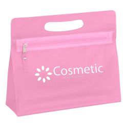 pink translucent cosmetic bag with a zippered compartment, die cut handle, and an imprint saying cosmetic beauty school