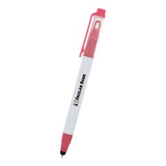 white barreled pen with pen trimming, pink chiseled highlighter on top and pen with a stylus at the bottom and an imprint saying facilan bank