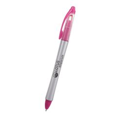 silver pen with pink trimming, pink see thru highlighter, and an imprint saying lotus emporium