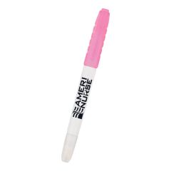 white barreled pen with a pink cap and pink highlighter and highlight eraser and an imprint on the middle saying ameri nurse