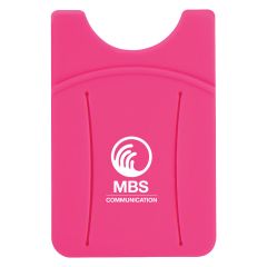 pink finger slot phone wallet with an imprint saying mbs communication