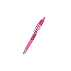 pink translucent pen with pink grip and plunger, a silver tip, and an imprint saying ATI