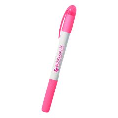 white barreled highlighter with a pink twistable knob to advance pink highlighter, pink translucent cap, and an imprint in the middle saying benkelman cancer treatment center