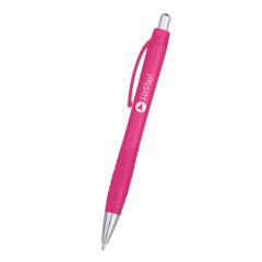 pink pen with silver tips and plunger and an imprint saying hitplay!