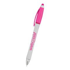 pink and white pen with a stylus on top, pink highlighter, and an imprint saying web@ssist