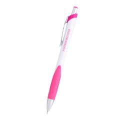 pink and white pen with a pink grip, silver tip, clip holder, and plunger, and an imprint saying foster world tour