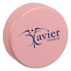 pink hockey puck stress reliever with an imprint saying xavier medical