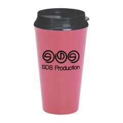 pink tumbler with a black lid and an imprint saying sds production