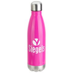 pink stainless steel bottle with silver cap and base and an imprint saying siegels