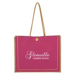 pink and canvas tote bag with a top button and an imprint on the front saying glenville hospitality services