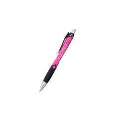 pink pen with black grip and clip holder and an imprint on the middle