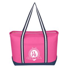 pink tote bag with navy base and navy and white strap and an imprint saying clph center for the arts