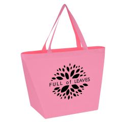 pink non-woven tote bag with carrying handles and an imprint saying full of leaves
