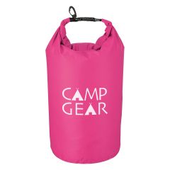 pink large dry bag with roll up closure and clip and an imprint saying camp gear
