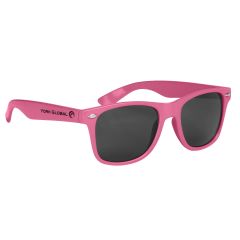 pink sunglasses with an imprint on the left saying york global