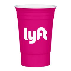 pink party cup with a white inside and an imprint on the front saying lyft