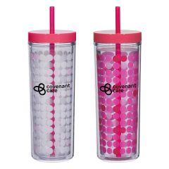 pink color changing tumbler with a pink straw, screwable lid, and an imprint saying covenant care