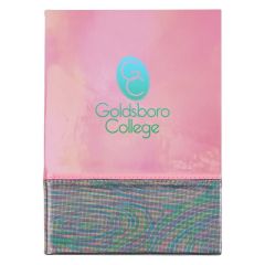 pink pearlescent journal with an imprint saying goldsboro college