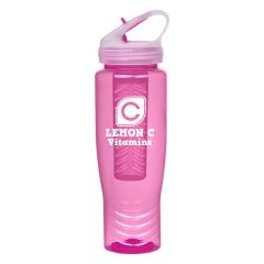 pink plastic sport bottle with infuser inside, clear and pink lid and an imprint saying lemon c vitamins