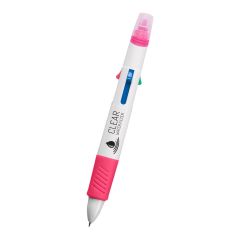 pink and white pen with a pink grip, 4 ink choices including blue, black, green, and red, a pink highlighter on top, and an imprint saying clear water filter