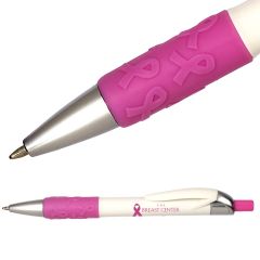 white and pink pen with a pink ribbon grip, silver tip, pink plunger, and an imprint saying the breast cancer