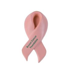 pink ribbon stress reliever with an imprint on the front saying Breast Cancer Foundation