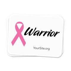 a stack of white stickers with a pink ribbon next to a text saying warrior and yoursite.org text below
