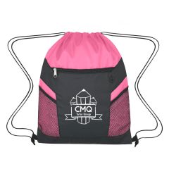 pink and black drawstring bag with main zippered compartment, 2 mesh pockets, built-in earbuds, and an imprint saying cmq tutor group