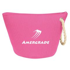 pink cosmetic bag with main zippered compartment, rope handle for carrying, and an imprint saying amergrade