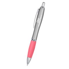 silver barreled pen with a pink grip and an imprint saying dot financial group