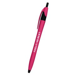 pink and black pen with black tip and plunger and an imprint saying feel the beat