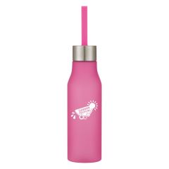 pink plastic bottle with a pink silicone strap attached to a silver lid and an imprint on the front of the bottle saying summer festival