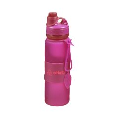 Pink silicone water bottle with screwable lid and grip with an imprint saying airbnb