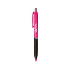 pink barreled pen with black grip and an imprint saying lightning bug electric