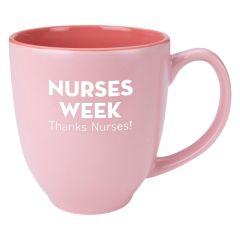 pink bistro mug with a darker shade of pink in the inside and an imprint on the front saying nurses week thanks nurses! Jason general hospital