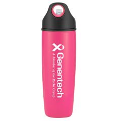 pink sports bottle with a black lid and an imprint on the front saying Genentech and text below saying, "A member of the Roche Group"