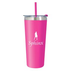 pink stainless steel tumbler with straw and an imprint saying sphinx model management