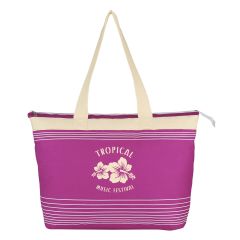pink and white striped tote bag with main zippered compartment and an imprint on the front saying tropical music festival