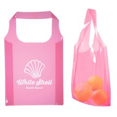 pink translucent tote bag with an imprint saying white shell beach resort