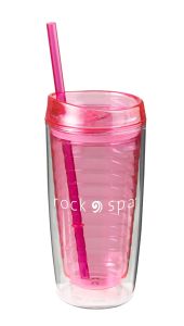 pink translucent tumbler with matching straw and an imprint saying rock spa
