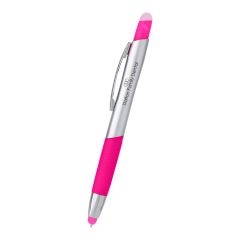 pink and silver pen with a pink highlighter on top, a stylus on the bottom, and an imprint saying dalton family dental