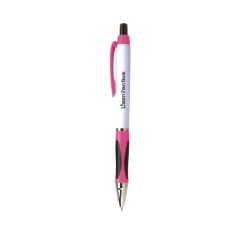 white barreled pen with pink and black grip, pink clip holder, and an imprint saying liberty first bank
