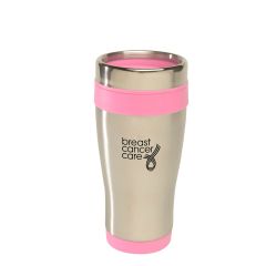 stainless steel tumbler with pink trim and an imprint saying breast cancer care