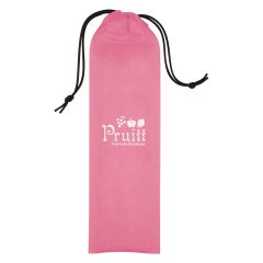 non-woven pink pouch bag with black drawstrings and an imprint saying pruitt fruit soda distributor