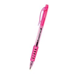 pink translucent pen with a matching grip and an imprint saying coffee express
